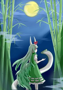 1girl absurdres bamboo bamboo_forest bow closed_mouth commentary dress ex-keine forest full_moon green_dress green_hair highres horn_bow horn_ornament horns kamishirasawa_keine long_hair looking_at_viewer moon nature night outdoors puffy_short_sleeves puffy_sleeves red_bow red_eyes scroll short_sleeves solo touhou very_long_hair zheng_(pixiv_101593236)