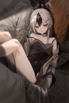 1girl absurdres alternate_costume bare_shoulders black_camisole black_choker black_dress black_hair black_horns blue_archive blush breasts bright_pupils camisole cardigan choker closed_mouth covered_navel demon_horns demon_wings dress ear_piercing earclip grey_hair grey_halo halo hidulume highres horns kayoko_(blue_archive) kayoko_(dress)_(blue_archive) legs_up long_hair long_sleeves looking_at_viewer lying multicolored_hair on_back open_cardigan open_clothes piercing red_eyes single_wing sleeves_past_wrists small_breasts solo two-tone_hair white_hair white_halo white_pupils wings