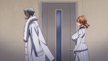 1boy 1girl 2025 20s animated animated_gif beard bow bowtie braid breasts cloak collared_shirt facial_hair formal_clothes freckles fur-trimmed_cloak fur_trim glasses gloves hair_between_eyes hair_ornament hairband hairclip jacket large_breasts long_sleeves looking_at_viewer medium_hair momota_hina momoya_samidare multicolored_jacket orange_hair pants ponytail scar shirt standing striped_clothes striped_jacket striped_pants suit tagme tougen_anki twin_braids twintails two-tone_jacket two-tone_pants vertical-striped_clothes vertical-striped_jacket vertical-striped_pants vest walking white_bow white_cloak white_gloves white_jacket white_suit