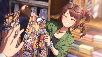 1girl 1other ^_^ ahoge black-framed_eyewear blurry blurry_background blush brown_hair closed_eyes clothes_hanger clothes_rack clothes_shop drill_hair drill_ponytail english_text eyewear_on_head folded_clothes game_cg gingham_scrunchie glasses green_jacket grin hair_ornament hair_scrunchie high_side_ponytail holding holding_clothes_hanger idolmaster idolmaster_million_live! idolmaster_million_live!_theater_days indoors jacket jewelry mannequin medium_hair necklace necktie official_art print_jacket print_scrunchie red_scrunchie round_eyewear scrunchie shop shopping side_drill side_ponytail sidelocks smile solo_focus star_pendant striped_clothes teeth third-party_source white_scrunchie yokoyama_nao