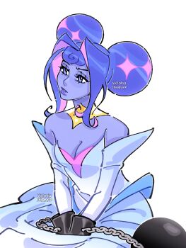 1girl afro_puffs artist_name ball_and_chain_restraint bare_shoulders breasts chain cleavage colored_skin commentary cuffs dress english_commentary grey_skin handcuffs highres knights_of_guinevere lipstick long_sleeves makeup pink_hair princess_guinevere purple_eyes purple_hair simple_background slay_the_princess solo vick-shimmer white_background white_dress