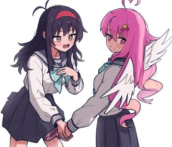 Rule 34 | 2girls, absurdres, ahoge, alternate costume, antenna hair, commission, commissioner upload, feathered wings, gun, hairband, handgun, highres, holding another's wrist, jin (jinkwon1147), lilim (sakura cupid), mitsuki (sakura cupid), multiple girls, non-web source, pink eyes, pink hair, red hairband, sakura cupid, school uniform, serafuku, sweatdrop, weapon, white serafuku, wings, yuri