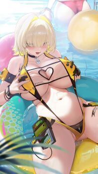2girls absurdres ahoge ass ball bandeau beachball bikini black_choker blonde_hair breasts choker cleavage_cutout clothing_cutout commentary elegg_(boom_and_shock)_(nikke) elegg_(nikke) goddess_of_victory:_nikke grabbing_own_breast hair_intakes heart_cutout highres huge_breasts innertube multiple_girls navel official_alternate_costume pool purple_eyes rapi_(nikke) rapi_(red_hood)_(nikke) rapi_(red_hood)_(red_flavor)_(nikke) red_bikini sadan1317 see-through_clothes short_hair slingshot_swimsuit solo_focus stomach swim_ring swimsuit thighs yellow_slingshot_swimsuit