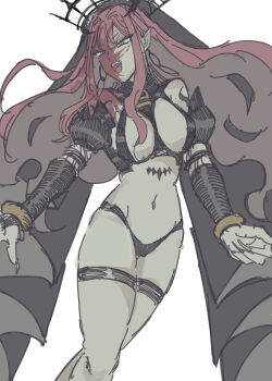 Rule 34 | 1girl, aqua eyes, baobhan sith (fate), baobhan sith (second ascension) (fate), black panties, black veil, blood, blood on face, bracelet, breasts, detached sleeves, evil smile, fate/grand order, fate (series), feet out of frame, highres, jewelry, large breasts, mutsuki (mutuki05), open mouth, panties, pointy ears, red hair, revealing clothes, smile, solo, stomach tattoo, tattoo, thigh strap, underwear, veil