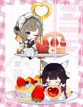 2girls black_hair blue_eyes blush brown_hair chibi chibi_only closed_eyes columbina_(genshin_impact) commentary_request cup eating food fruit genshin_impact hair_ornament holding holding_cup inui_hinamochi long_hair long_sleeves multiple_girls one_eye_closed parted_lips purple_hair sandrone_(genshin_impact) signature sitting strawberry teacup thighhighs tiered_tray very_long_hair watermark white_thighhighs wing_hair_ornament