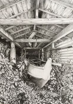 boat crosshatching graphite_(medium) greyscale hatching_(texture) highres ibsukionsen monochrome no_humans original overgrown plant rafters rope scenery traditional_media vanishing_point vines watercraft