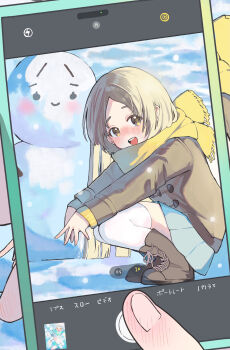 1girl 1other blue_skirt blunt_ends blush boots brown_boots brown_coat brown_eyes brown_hair cellphone coat commentary_request duffel_coat fingernails from_side full_body gakuen_idolmaster hand_blush highres holding holding_phone idolmaster kuramoto_china lace-up_boots long_hair long_sleeves looking_at_viewer miniskirt nekommokuwan nose_blush open_mouth parted_bangs phone pleated_skirt scarf skirt smartphone smile snow snowing snowman solo_focus squatting taking_picture thighhighs white_thighhighs winter yellow_scarf