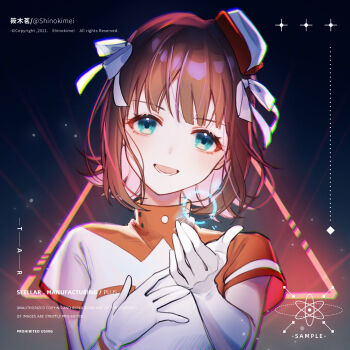 1girl amami_haruka artist_name blush bow breasts brown_hair dot_nose garrison_cap gloves gradient_background green_eyes hair_bow hair_ribbon hand_on_own_chest hands_up hat highres idolmaster idolmaster_(classic) idolmaster_million_live! idolmaster_million_live!_theater_days looking_at_viewer lower_teeth_only medium_breasts meiko_shinoki mini_hat open_mouth ribbon short_hair smile solo teeth twitter_username two-tone_headwear two-tone_shirt upper_body voy@ger_(idolmaster) white_gloves white_ribbon