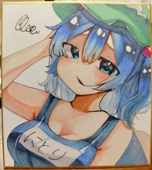 1girl arm_behind_head blue_eyes blue_hair blush breasts cleavage commentary green_hat hat inushichi kawashiro_nitori looking_at_viewer open_mouth photo_(medium) short_hair solo squiggle touhou traditional_media two_side_up