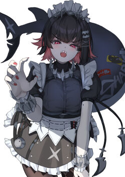 1girl absurdres black_hair blush breasts colored_inner_hair commentary_request ellen_joe fahufahu fins fish_tail hair_ornament highres large_breasts looking_at_viewer maid maid_headdress mole mole_under_eye multicolored_hair pantyhose red_eyes red_hair shark_girl shark_tail short_hair solo tail two-tone_hair zenless_zone_zero