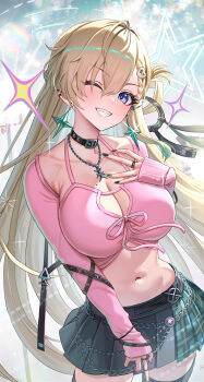 1girl alternate_costume belt_collar black_choker black_nails blonde_hair blue_eyes braid braided_bangs breasts camisole choker cleavage collar collarbone commentary ear_piercing earrings hair_ornament highres jewelry large_breasts long_hair long_sleeves looking_at_viewer lynae_(wuthering_waves) madopen mole mole_on_breast multiple_rings nail_polish one_eye_closed piercing pink_camisole pleated_skirt ring skirt skull_hair_ornament smile solo star_(symbol) star_earrings very_long_hair wuthering_waves