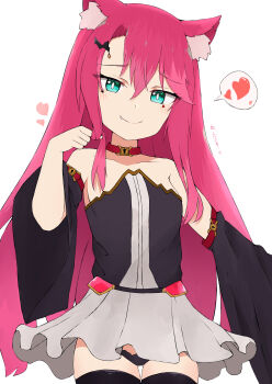 1girl absurdres bare_shoulders black_panties black_sleeves black_thighhighs blue_eyes blush closed_mouth collar commentary_request detached_sleeves fang fang_out gluteal_fold grey_skirt hair_between_eyes heart highres keyhole long_hair long_sleeves nyaha original panties parted_bangs pink_hair pleated_skirt red_collar simple_background skirt smile solo spoken_heart strapless thigh_gap thighhighs translation_request underwear very_long_hair white_background wide_sleeves