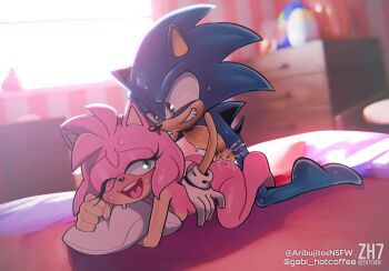 1boy 1girl absurdres amy_rose aribujitosnsfw ass bare_legs barefoot bed bed_sheet bedroom blanket blue_fur blue_hair breasts chao_(sonic) cum cum_in_pussy drawer egg eyelashes feet gloves green_eyes grin hedgehog hetero highres huge_ass huge_filesize legs looking_back lying medium_hair on_bed on_stomach penis pillow pink_fur pink_hair sega sex small_breasts smile sonamy sonic_(series) sonic_the_hedgehog spiked_hair stuffed_toy sweat sweatdrop tail teeth testicles toy vaginal window