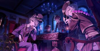 4boys absurdres ahoge andrew_kreiss animal_ears black_hair brown_hair brown_vest candle chair chandelier commentary edgar_valden edgar_valden_(multicolor_printing) gloves gold_trim grey_hair hat head_tilt highres identity_v jacket jiangshi le0601 looking_at_viewer luca_balsa male_focus multiple_boys official_alternate_costume on_chair painting_(object) pants ponytail purple_jacket purple_pants purple_theme sitting smile stitched_mouth stitches symbol-only_commentary table top_hat vest victor_grantz victor_grantz_(specter) white_gloves window wolf_ears