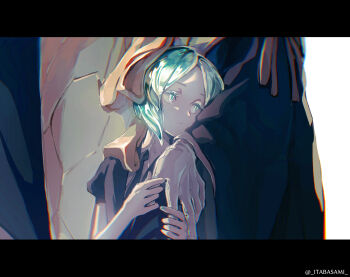 2others absurdres black_necktie commentary_request crystal_eye crystal_hair gem_uniform_(houseki_no_kuni) gloves green_eyes green_hair highres holding_another's_finger houseki_no_kuni itabasami kongou_sensei looking_to_the_side multiple_others necktie other_focus phosphophyllite puffy_short_sleeves puffy_sleeves short_sleeves size_difference sulking translucent_hair white_gloves