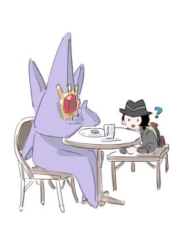1boy ? alien black_hair black_hat chair colored_skin creature cup gem gen_1_pokemon green_jacket hat jacket long_sleeves mega_pokemon mega_starmie nintendo on_chair pants paxton_(pokemon) plate pokemon pokemon_(creature) pokemon_focus pokemon_legends:_z-a purple_skin raine_(acke2445) red_gemstone role_reversal saucer sitting starfish starmie striped_hat table
