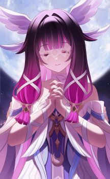 1girl absurdres bare_shoulders black_hair blunt_bangs bow chijiandeyusang closed_eyes closed_mouth collarbone columbina_(genshin_impact) commentary_request dress eye_mask genshin_impact hair_ornament hands_up highres long_hair long_sidelocks mask moon own_hands_together purple_hair sidelocks smile solo very_long_hair white_bow white_dress wing_hair_ornament