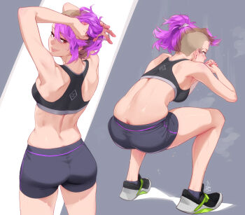 1girl ass asymmetrical_hair black_shoes black_shorts black_sports_bra breasts brown_hair butt_crack eyelashes feguimel highres looking_back lykke_(feguimel) multicolored_hair multiple_views original own_hands_together purple_hair red_eyes shoes shorts sidecut smile sports_bra squatting two-tone_hair tying_hair undercut