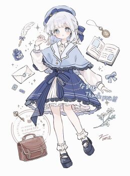 1girl :o bag beret blue_capelet blue_hat blue_shoes blue_skirt blush book bookmark bow skirt_bow buttons capelet collared_shirt colored_inner_hair commentary commission daisy_(flower) english_commentary envelope flower frilled_capelet frilled_skirt frills full_body hair_bow hand_up handbag hashtag-only_commentary hat hat_bow highres inkwell key lapels long_sleeves looking_at_viewer mary_janes medium_skirt multicolored_hair notched_lapels open_book original petticoat postage_stamp puffy_long_sleeves puffy_sleeves quill shirt shoes short_hair signature simple_background single_sidelock skeb_commission skirt socks solo standing stopwatch striped_bow thank_you twitter_username watch watermark white_background white_hair white_shirt white_socks wing_collar zane290