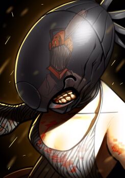 1girl alternate_form apron black_apron black_gloves blood blood_on_clothes bomb_devil_(chainsaw_man) breasts chainsaw chainsaw_man denji_(chainsaw_man) drugsandsocks gloves highres medium_breasts object_head reflection sharp_teeth teeth