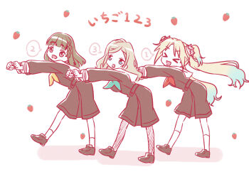 &gt;_&lt; 3girls :d akihitohappy aqua_neckerchief black_pantyhose black_shoes blonde_hair blue_eyes blue_hair braid brown_dress brown_hair center-flap_bangs ceras_yanagida_lilienfeld commentary_request dancing dress flower gradient_hair grey_hair hair_flower hair_ornament hasu_no_sora_school_uniform highres ichigo_123_(love_live!) kachimachi_kosuzu link!_like!_love_live! long_hair long_sleeves looking_at_viewer love_live! lucky_star motteke!_serafuku multicolored_hair multiple_girls neckerchief open_mouth osawa_rurino pantyhose parody parted_bangs pink_eyes pink_flower red_neckerchief sailor_collar sailor_dress school_uniform shoes side_braids smile socks speech_bubble spoken_number twintails very_long_hair virtual_youtuber white_sailor_collar white_socks winter_uniform xd yellow_neckerchief