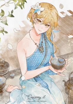 1girl blonde_hair blue_dress closed_mouth commentary_request cup dress earrings feet flower genshin_impact hair_between_eyes hair_flower hair_ornament highres holding holding_cup jewelry long_hair lumine_(genshin_impact) necklace quinny_il smile solo thai_clothes thai_commentary toes yellow_eyes