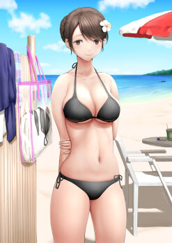 1girl beach beach_umbrella bikini black_bikini blue_sky breasts brown_hair commentary_request flower hair_flower hair_ornament kasu_(kasunohikari) large_breasts nozomi_(station_memories) short_hair sky station_memories swimsuit umbrella