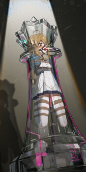 absurdres ahoge arms_behind_back ball_gag bdsm bondage bound breasts brown_eyes brown_hair dildo dress frogtie gag gag_harness gagged highres long_hair looking_down monica_everett object_insertion restrained sex_machine sex_toy shibari shibari_over_clothes silent_witch skindentation small_breasts thighhighs vaginal vaginal_object_insertion white_thighhighs xiongmao zettai_ryouiki