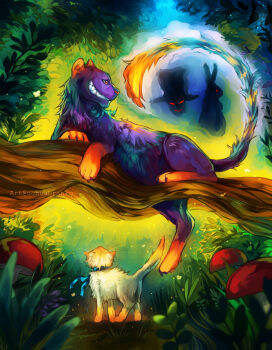 alice&#039;s_adventures_in_wonderland alice_(alice_in_wonderland) animal_collar animalization baby_animal blue_bow blue_bowtie blue_collar blue_sky bow bowtie cat cheshire_cat_(alice_in_wonderland) collar commentary day english_commentary evil_smile forest from_behind hat highres kitten light_particles lying mad_hatter_(alice_in_wonderland) mushroom nature no_humans on_branch on_stomach open_mouth outdoors purple_cat rabbit sharp_teeth sky smile teeth top_hat tree uchuubranko white_cat white_rabbit_(alice_in_wonderland)