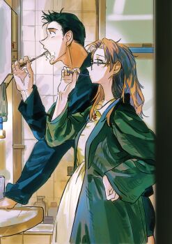 1boy 1girl aged_down black_hair brushing_teeth commentary_request cowboy_shot earrings from_side highres husband_and_wife indoors jewelry kisaki_eri meitantei_conan mercuryxun mouri_kogoro orange_hair profile tile_wall tiles toothbrush