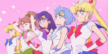 5girls aino_minako bishoujo_senshi_sailor_moon blonde_hair blue_eyes blue_hair bow brown_hair closed_eyes gloves hino_rei kino_makoto magical_girl miniskirt mizuno_ami multiple_girls pink_background ponytail purple_eyes purple_hair red_bow sailor_jupiter sailor_mars sailor_mercury sailor_moon sailor_venus short_sleeves sidney_deng skirt tsukino_usagi