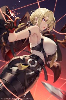 1girl bare_shoulders black_gloves black_jacket black_pants blonde_hair blush breasts chest_harness choker collared_shirt commentary_request earrings elbow_gloves emanon123 evelyn_chevalier gloves hair_ornament harness high-waist_pants highres jacket jacket_on_shoulders jewelry knife large_breasts looking_at_viewer medium_hair necktie open_mouth pants partial_commentary purple_eyes shirt sleeveless sleeveless_shirt solo thighs tight_clothes tight_pants white_shirt wire zenless_zone_zero