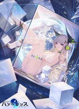 1girl ass bare_shoulders box bra breasts choker closed_mouth glass_container grey_hair high_heels highres horns hundredth:_match_3 in_box in_container jacket jewelry lace lace-trimmed_bra lace_trim large_breasts legs_up long_hair looking_at_viewer off_shoulder panties purple_eyes smile solo thighlet thighs underwear white_bra white_panties yellow_jacket yizhibao