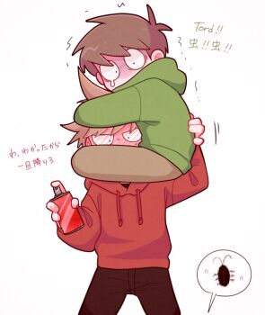 Rule 34 | 2boys, antenna hair, blush, brown hair, bug, bug spray, carrying, carrying person, censored, clinging, cockroach, commentary request, drawstring, edd (eddsworld), eddsworld, flipped hair, green hoodie, hair ears, highres, holding, hood, hood down, hoodie, insect, long sleeves, male focus, mau (edd tom), mosaic censoring, multiple boys, open mouth, pants, red hoodie, scared, short hair, simple background, swept bangs, tears, tord (eddsworld), translation request, trembling, white background, wide-eyed