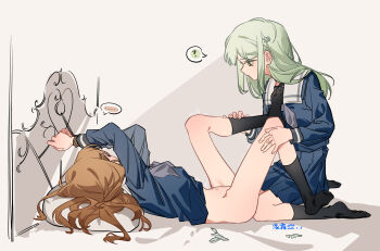 ... 2girls ? bang_dream! bang_dream!_it's_mygo!!!!! bdsm black_socks blue_shirt blue_skirt bondage bottomless bound bound_wrists brown_hair chinese_commentary closed_mouth commentary_request finger_cots green_hair grey_neckerchief hand_on_another's_leg highres kneehighs kneeling long_hair long_sleeves lying multiple_girls nagasaki_soyo neckerchief on_back on_bed pillow pleated_skirt sailor_collar school_uniform shirt skirt socks spoken_ellipsis spoken_question_mark tsukinomori_school_uniform wakaba_mutsumi white_sailor_collar yellow_eyes yuan_shuang yuri
