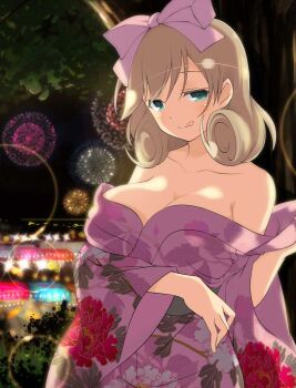 1girl :q aerial_fireworks arm_under_breasts bow breasts brown_hair cleavage collarbone come_hither curled_ends fireworks floral_print floral_print_kimono game_cg green_eyes hair_bow haruka_(senran_kagura) japanese_clothes kimono large_breasts lens_flare looking_at_viewer low_neckline medium_hair naked_kimono night off_shoulder official_art outdoors pink_bow pink_kimono print_kimono seductive_smile senran_kagura senran_kagura_new_wave senran_kagura_shoujo-tachi_no_shin'ei smile solo summer_festival swept_bangs third-party_source tongue tongue_out tree