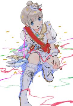 Rule 34 | 1girl, absurdres, blue eyes, boots, confetti, crown, dress, full body, grey hair, hair bun, highres, idolmaster, idolmaster shiny colors, looking at viewer, mini crown, puffy short sleeves, puffy sleeves, red sash, sash, see-through clothes, see-through sleeves, serizawa asahi, short hair, short sleeves, shoulder sash, sitting, smile, solo, streamers, subro, white background, white boots, white dress, wrist cuffs