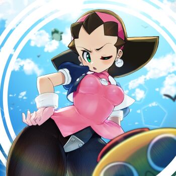 1girl black_bodysuit blue_jacket bodysuit breasts brooch brown_hair cloud cowboy_shot cropped_jacket crotch_plate dress earrings from_below green_eyes hairband jacket jewelry looking_at_viewer mayu_yumemi medium_breasts mega_man_(series) mega_man_legends_(series) one_eye_closed open_clothes open_jacket pantyhose pink_dress pink_hairband servbot_(mega_man) short_dress short_sleeves skull_brooch skull_earrings sky tron_bonne_(mega_man)