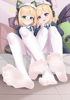 2girls absurdres blonde_hair blue_archive blush feet ganju_wei_0v0 green_eyes highres looking_at_viewer medium_hair midori_(blue_archive) momoi_(blue_archive) multiple_girls open_mouth pantyhose pink_eyes soles toes white_pantyhose