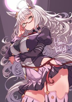 1girl ahoge animal_ears arm_under_breasts artist_name biwa_hayahide_(umamusume) breasts closed_mouth clothing_cutout commentary_request garter_straps glasses grey_hair highres hip_vent horse_ears horse_girl horse_tail juliet_sleeves large_breasts long_hair long_sleeves looking_at_viewer paid_reward_available partial_commentary puddinghomhom puffy_sleeves red-framed_eyewear semi-rimless_eyewear solo tail thighhighs umamusume under-rim_eyewear yellow_eyes