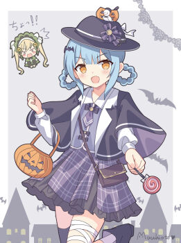 2girls :d ^^^ absurdres bandaged_leg bandages bat_(animal) black_capelet black_hat blonde_hair blue_hair braid braided_hair_rings candy capelet chibi chibi_inset commentary_request food frilled_skirt frills grey_background hair_rings halloween hat highres holding holding_candy holding_food holding_lollipop jack-o&#039;-lantern kk0220 lollipop long_sleeves looking_at_viewer mahou_shoujo_no_majo_saiban miniskirt multiple_girls necktie open_mouth plaid_clothes plaid_skirt shirt short_hair skirt smile solo_focus standing standing_on_one_leg tachibana_sherry tono_hanna translation_request white_shirt yellow_eyes