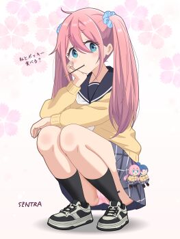 Rule 34 | 1girl, ?, absurdres, ahoge, alternate hairstyle, artist name, black sailor collar, blue eyes, blue scrunchie, blush, character doll, commentary request, doll, earrings, female focus, food, food in mouth, full body, gyaru, hair between eyes, hair ornament, hair scrunchie, hand on own cheek, hand on own face, highres, jewelry, kagamihara nadeshiko, long hair, long sleeves, looking at viewer, loose socks, motosu school uniform, neckerchief, panties, pantyshot, pink hair, pink panties, pleated skirt, pocky, pocky in mouth, sailor collar, school uniform, scrunchie, sentra, shoes, signature, skirt, sneakers, socks, solo, squatting, sweater, translation request, twintails, underwear, white neckerchief, white socks, yellow sweater, yurucamp