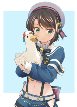 Rule 34 | 1girl, animal, armband, back bow, bird, black bow, black bowtie, black panties, blue background, blue jacket, blue shorts, bow, bowtie, braid, brooch, brown hair, closed mouth, clothing cutout, commentary request, cowboy shot, cropped jacket, cropped shirt, duck, grey hat, grey shirt, hair ornament, hairclip, haniwa (leaf garden), hat, high collar, highres, hip vent, holding, holding animal, hololive, jacket, jewelry, lace, lace-trimmed panties, lace trim, large bow, long sleeves, midriff, navel, official alternate costume, official alternate hairstyle, oozora subaru, oozora subaru (suspenders), panties, panty peek, pinstripe pattern, pinstripe shirt, sailor hat, shirt, short hair, shorts, side braid, sleeve cuffs, smile, solo, star brooch, subaru duck, suspenders, swept bangs, underwear, virtual youtuber