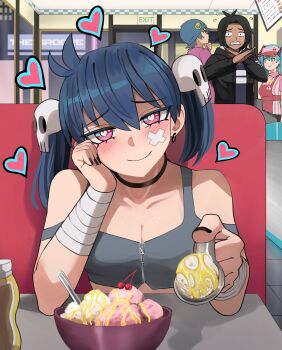 2boys 2girls artist_self-insert black_nails blue_hair bowl breasts cherry choker cleavage closed_mouth diner earrings english_text food fruit grey_sports_bra hair_ornament hatsune_miku heart heart-shaped_pupils highres ice_cream indoors jewelry ji-yoon_(jourd4n) jourd4n looking_at_viewer medium_hair multiple_boys multiple_girls mustard original pov red_eyes sitting skull_hair_ornament smile solo_focus sports_bra symbol-shaped_pupils twintails upper_body vocaloid x_arms