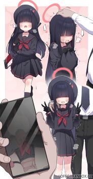 1girl 1other absurdres beret black_choker black_gloves black_hair black_hat black_sailor_collar black_serafuku black_skirt blue_archive blunt_bangs blush cellphone choker collarbone gloves hair_over_eyes halo hat highres holding justice_task_force_member_(blue_archive) loffo long_hair long_sleeves neckerchief necktie open_mouth phone pleated_skirt red_halo red_neckerchief sailor_collar school_uniform serafuku shirt sidelocks skirt solo trinity_general_school_logo white_shirt