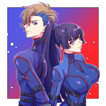 1boy 1girl absurdres ash_phoenix back-to-back black_hair blue_eyes breasts code_geass code_geass:_dakkan_no_roze highres large_breasts long_hair ponytail purple_eyes sumeragi_sakuya