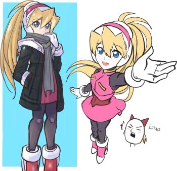 1girl alternate_costume black_bodysuit black_jacket blonde_hair blue_background blue_eyes bodysuit breasts ciel_(mega_man) full_body grey_scarf high_ponytail highres jacket long_hair mega_man_(series) mega_man_zero_(series) multiple_views open_clothes open_jacket pink_shirt pink_skirt ponytail raica_(khongbautroi) scarf shirt simple_background skirt standing white_background zero(z)_(mega_man) zero_(mega_man)