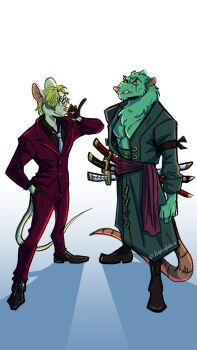 2boys absurdres bajingoarts black_shirt blonde_hair blue_eyes brown_gloves cigarette clenched_hand coat colored_sclera commentary curly_eyebrows earrings english_commentary facial_hair formal_clothes full_body furrification furry gloves goatee green_coat green_fur hand_in_pocket haramaki highres holding holding_cigarette jewelry looking_at_another looking_at_viewer male_focus mouse_boy multiple_boys multiple_earrings multiple_swords muscular muscular_male mustache_stubble necktie one_piece pants rat_boy red_pants red_sash red_suit roronoa_zoro sanji_(one_piece) sash scar scar_across_eye scar_on_chest scar_on_face sharp_teeth shirt simple_background smile standing stubble suit teeth twitter_username white_background white_necktie yellow_sclera