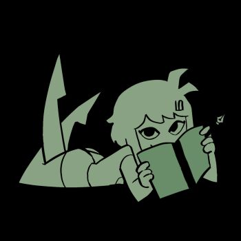 Rule 34 | 1girl, animated, animated gif, antenna hair, ass, book, commentary, english commentary, feet up, flat color, full body, green theme, hair ornament, hairclip, highres, hirotonfa, holding, holding book, holding pen, jucika (comic), looking at viewer, lying, marie (peripeteia), medium hair, monochrome, nib pen (object), official art, on stomach, pal pusztai (style), pen, peripeteia, smile, solo, sprite, the pose, transparent background, winking (animated)