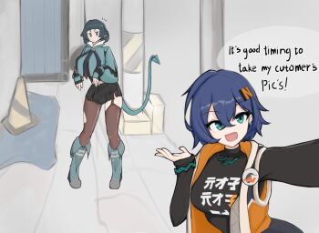 2girls belle_(zenless_zone_zero) black_gloves black_hair black_shirt black_shorts blue_hair boots breasts clothes_writing cover covered_penis covered_testicles crop_top fingerless_gloves futanari gloves green_eyes grey_boots grey_jacket jacket jane_doe_(zenless_zone_zero) large_breasts long_sleeves medium_breasts mouse_girl mouse_tail multiple_girls oneshow87 open_clothes open_jacket open_mouth outdoors pantyhose selfie shirt short_hair shorts single_leg_pantyhose single_thighhigh sleeveless sleeveless_jacket tail thighhighs traffic_cone zenless_zone_zero